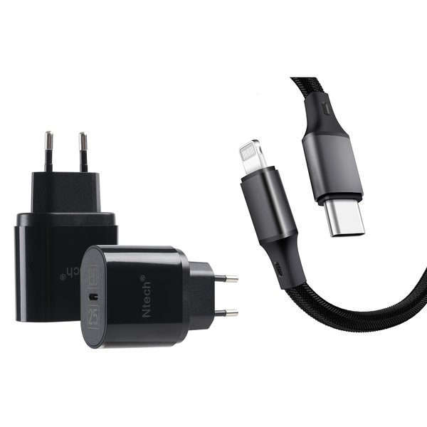 Ntech usb c adapter - usb c oplader  - oplader  usb c 25W -  usb c adapter met Lightning naar USB-C kabel Ntech (1 meter Zwart) Geschikt voor iPhone 13 / Geschikt voor iPhone 13 Pro / Geschikt voor iPhone 13 Pro Max / Geschikt voor iPhone 13 Mini - Geschikt voo