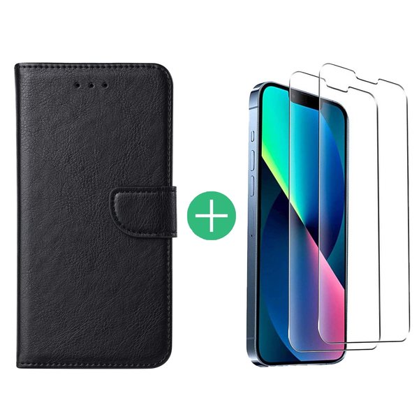 Ntech Hoesje Geschikt voor iPhone 13 bookcase met 2 Pack Screenprotector gehard glas – Zwart