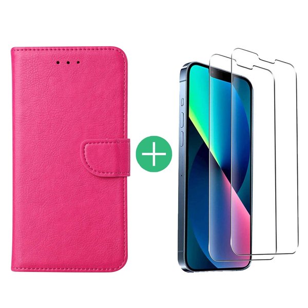 Ntech Hoesje Geschikt voor iPhone 13 bookcase met 2 Pack Screenprotector gehard glas – Pink