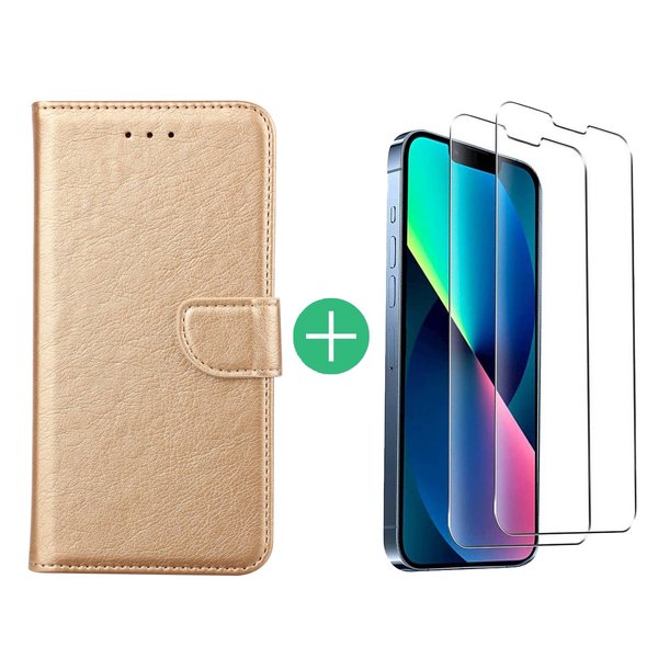 Ntech Hoesje Geschikt voor iPhone 13 Mini bookcase met 2 Pack Screenprotector gehard glas – Goud