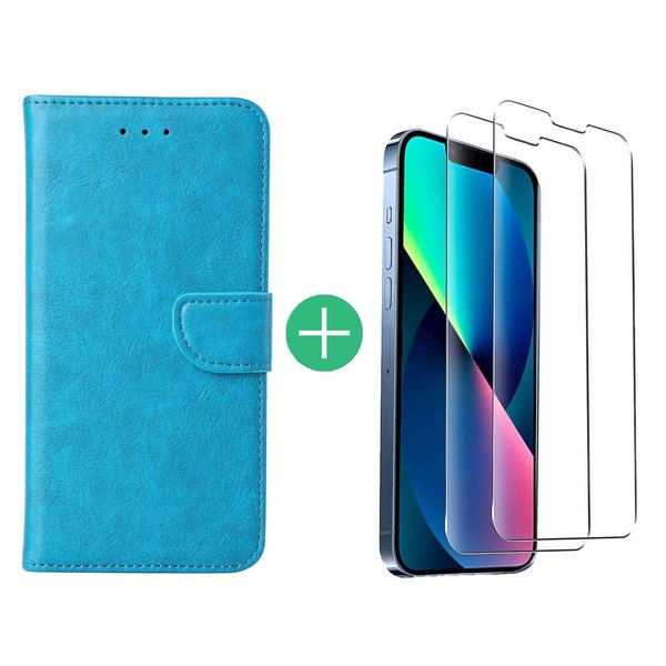 Ntech Hoesje Geschikt voor iPhone 13 Mini bookcase met 2 Pack Screenprotector gehard glas – Blauw