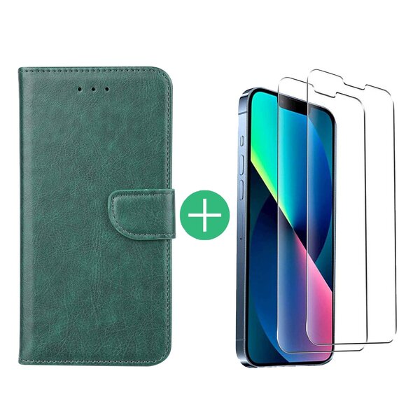 Ntech Hoesje Geschikt voor iPhone 13 Mini bookcase met 2 Pack Screenprotector gehard glas – Groen