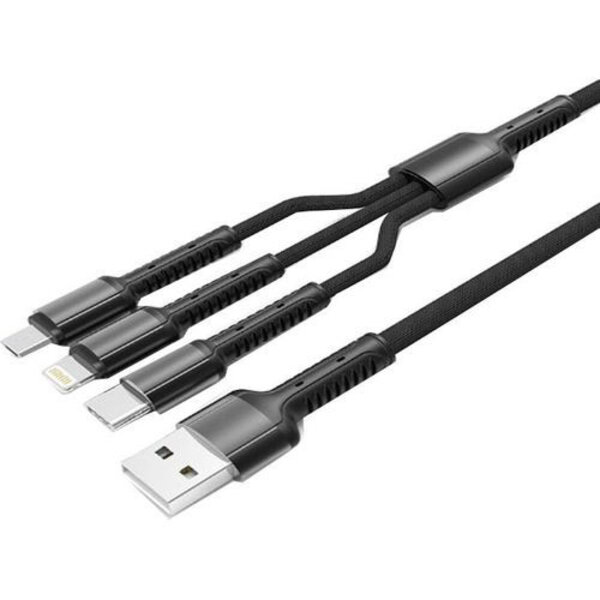 Ntech 3 in 1 oplaadkabel - USB Kabel A - micro usb - USB C Kabel - Zwart