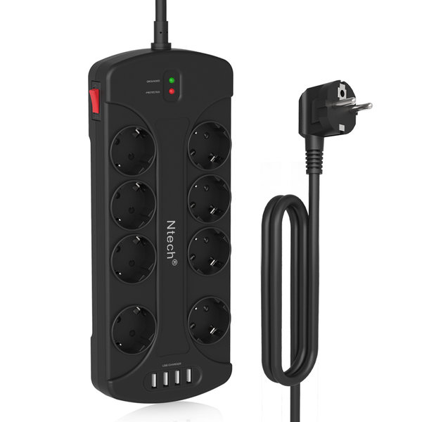 Ntech Stekkerdoos met USB poorten en schakelaar - 8 voudig - 4x USB Oplaadpoorten - 8x stopcontacten - 3.4 A - 1.5 meter snoer - met Beveiliging - Zwart