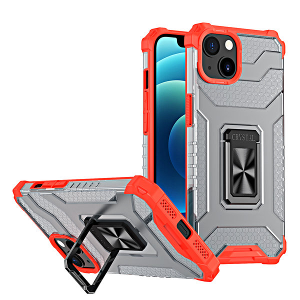 Ntech Hoesje Geschikt voor iPhone 13 Mini transparent rugged case Met Ringhouder – Rood