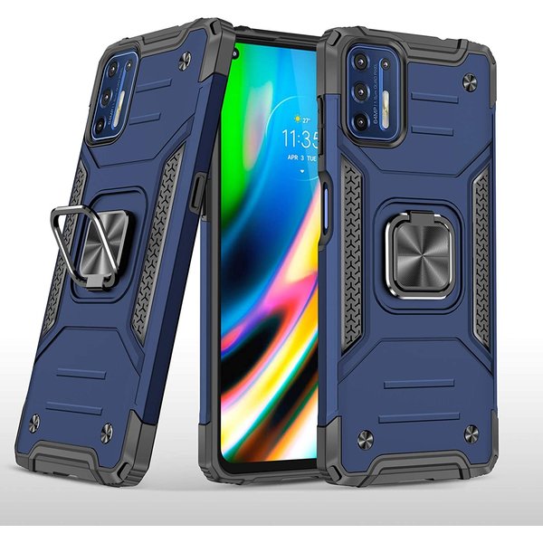 Ntech Hoesje geschikt voor Motorola G9 Plus Hoesje Heavy Duty Armor Hoesje Blauw - Hoesje geschikt voor Motorola G9 Plus Case Kickstand Ring cover met Magnetisch Auto Mount