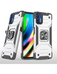 Ntech Motorola G9 Plus Hoesje Heavy Duty Armor Hoesje Zliver - Motorola G9 Plus Case Kickstand Ring cover met Magnetisch Auto Mount