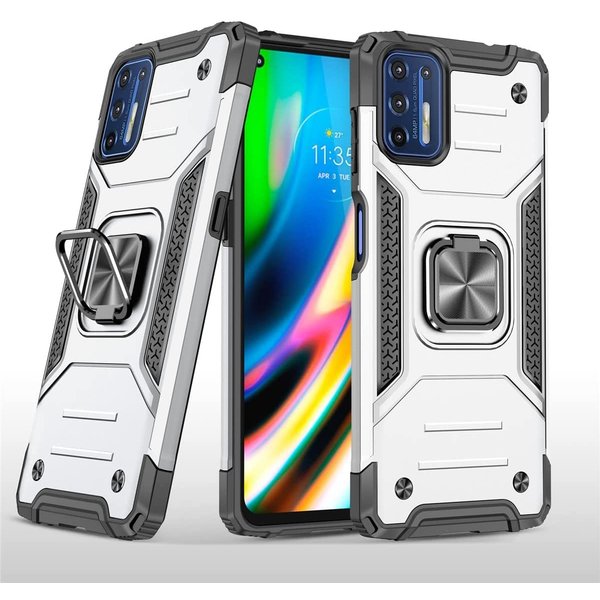 Ntech Hoesje geschikt voor Motorola G9 Plus Hoesje Heavy Duty Armor Hoesje Zliver - Hoesje geschikt voor Motorola G9 Plus Case Kickstand Ring cover met Magnetisch Auto Mount