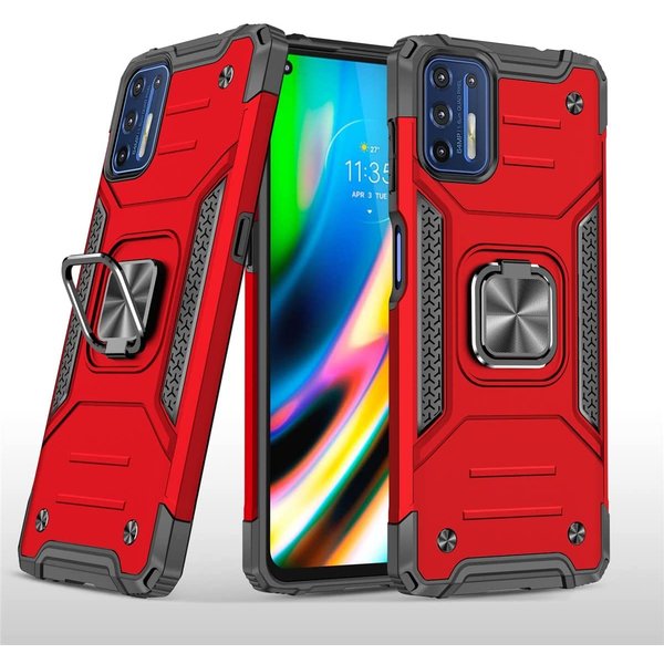 Ntech Hoesje geschikt voor Motorola G9 Plus Hoesje Heavy Duty Armor Hoesje Rood - Hoesje geschikt voor Motorola G9 Plus Case Kickstand Ring cover met Magnetisch Auto Mount
