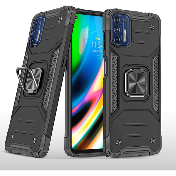 Ntech Hoesje geschikt voor Motorola G9 Plus Hoesje Heavy Duty Armor Hoesje Zwart - Hoesje geschikt voor Motorola G9 Plus Case Kickstand Ring cover met Magnetisch Auto Mount