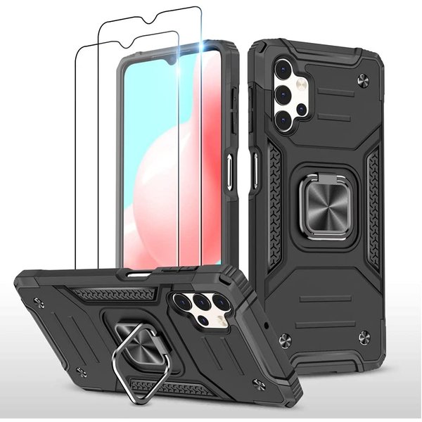 Ntech  Hoesje Geschikt Voor Samsung Galaxy A32 4G Hoesje Heavy Duty Armor Hoesje Zwart - Galaxy A32 4G Case Kickstand Ring cover met Magnetisch Auto Mount- Hoesje Geschikt Voor Samsung Galaxy A32 4G screenprotector 2 pack