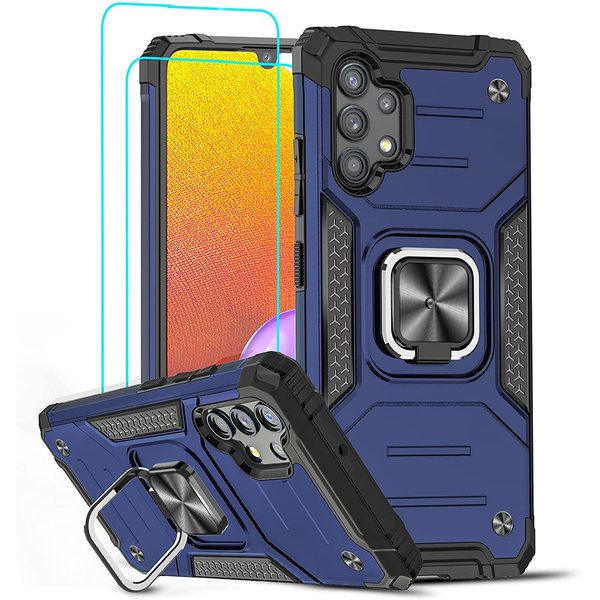 Ntech Hoesje Geschikt Voor Samsung Galaxy A32 4G Hoesje Heavy Duty Armor Hoesje Blauw - Galaxy A32 4G Case Kickstand Ring cover met Magnetisch Auto Mount- Hoesje Geschikt Voor Samsung Galaxy A32 4G screenprotector 2 pack