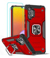 Ntech Samsung Galaxy A32 4G Hoesje Heavy Duty Armor Hoesje Rood - Galaxy A32 4G Case Kickstand Ring cover met Magnetisch Auto Mount- Samsung A32 4G screenprotector 2 pack