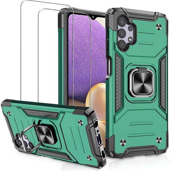 Ntech  Hoesje Geschikt Voor Samsung Galaxy A32 4G Hoesje Heavy Duty Armor Hoesje Groen - Galaxy A32 4G Case Kickstand Ring cover met Magnetisch Auto Mount- Hoesje Geschikt Voor Samsung Galaxy A32 4G screenprotector 2 pack