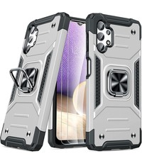 Ntech Samsung Galaxy A32 4G Hoesje Heavy Duty Armor Hoesje Zilver - Galaxy A32 4G Case Kickstand Ring cover met Magnetisch Auto Mount- Samsung A32 4G screenprotector 2 pack