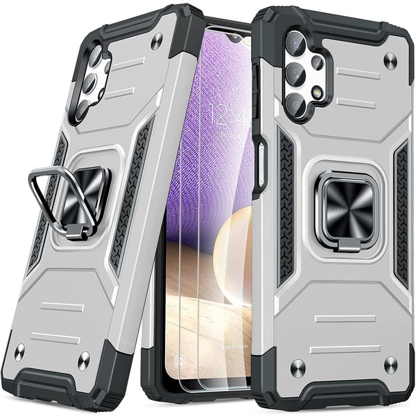 Ntech  Hoesje Geschikt Voor Samsung Galaxy A32 4G Hoesje Heavy Duty Armor Hoesje Zilver - Galaxy A32 4G Case Kickstand Ring cover met Magnetisch Auto Mount- Hoesje Geschikt Voor Samsung Galaxy A32 4G screenprotector 2 pack