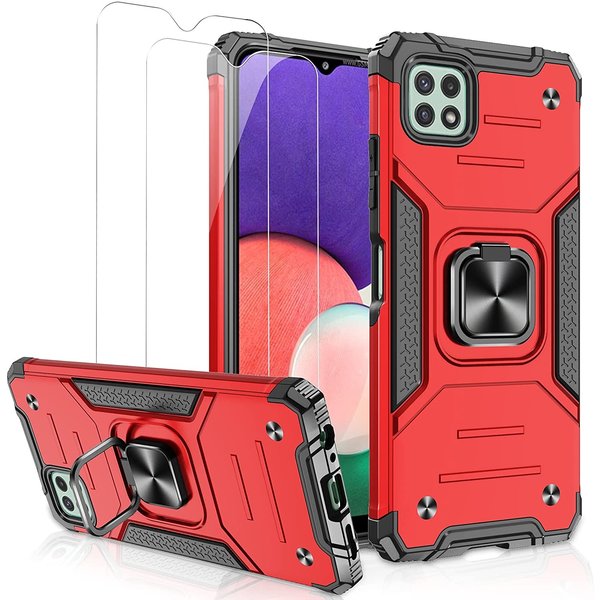 Ntech  Hoesje Geschikt Voor Samsung Galaxy A22 Hoesje Heavy Duty Armor Hoesje Rood - Hoesje Geschikt Voor Samsung Galaxy A22 5G Case Kickstand Ring cover met Magnetisch Auto Mount- Hoesje Geschikt Voor Samsung Galaxy A22 5G screenprotector 2 pack