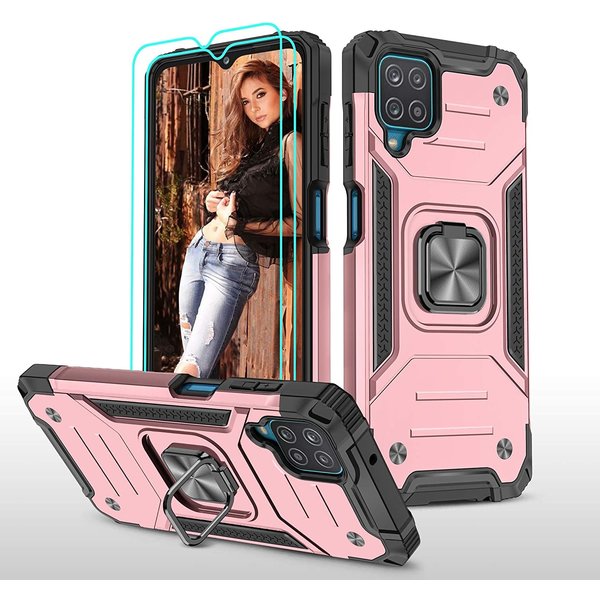 Ntech  Hoesje Geschikt Voor Samsung Galaxy A22 Hoesje Heavy Duty Armor Hoesje Rose Goud - Hoesje Geschikt Voor Samsung Galaxy A22 5G Case Kickstand Ring cover met Magnetisch Auto Mount- Hoesje Geschikt Voor Samsung Galaxy A22 5G screenprotector 2 pack