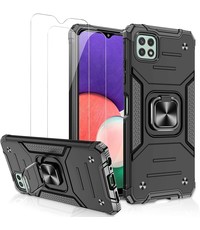 Ntech Samsung A22 Hoesje Heavy Duty Armor Hoesje Zwart - Samsung Galaxy A22 5G Case Kickstand Ring cover met Magnetisch Auto Mount- Samsung A22 5G screenprotector 2 pack