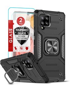 Ntech Samsung A42 Hoesje Heavy Duty Armor Hoesje Zwart - Samsung Galaxy A42 5G hoesje Kickstand Ring cover met Magnetisch Auto Mount- Samsung A42 5G screenprotector 2 pack