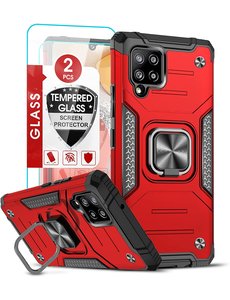Ntech Samsung A42 Hoesje Heavy Duty Armor Hoesje Rood - Samsung Galaxy A42 5G hoesje Kickstand Ring cover met Magnetisch Auto Mount- Samsung A42 5G screenprotector 2 pack