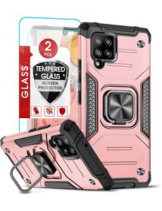 Ntech Samsung A42 Hoesje Heavy Duty Armor Hoesje Rose Goud - Samsung Galaxy A42 5G hoesje Kickstand Ring cover met Magnetisch Auto Mount- Samsung A42 5G screenprotector 2 pack