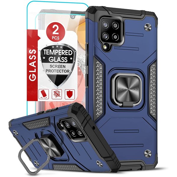 Ntech  Samsung A42 Hoesje Heavy Duty Armor Hoesje Blauw - Samsung Galaxy A42 5G hoesje Kickstand Ring cover met Magnetisch Auto Mount- Samsung A42 5G screenprotector 2 pack