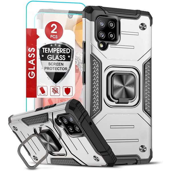 Ntech  Hoesje Geschikt Voor Samsung Galaxy A42 Hoesje Heavy Duty Armor Hoesje Zliver - Hoesje Geschikt Voor Samsung Galaxy A42 5G hoesje Kickstand Ring cover met Magnetisch Auto Mount- Hoesje Geschikt Voor Samsung Galaxy A42 5G screenprotector 2 pack