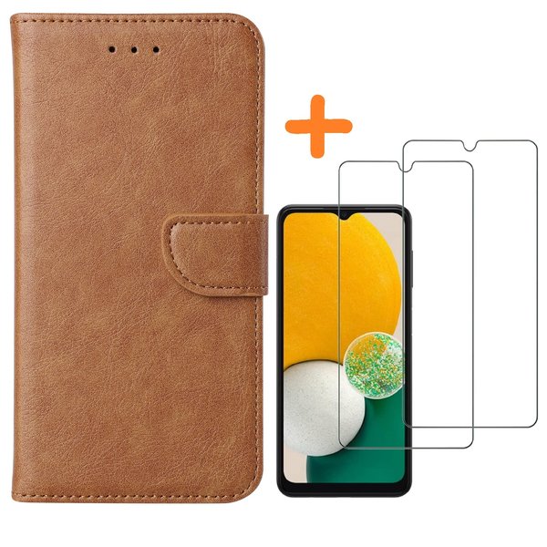 Ntech Hoesje Geschikt Voor Samsung Galaxy A13 5G / A04s hoesje bookcase Met 2x screenprotector beschermglas – Bruin