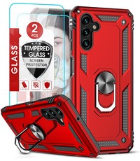 Ntech Samsung Galaxy A13 5G / A04s Hoesje met Ring Houder – TPU backcover – Met 2x screenprotector gehard glas – Rood