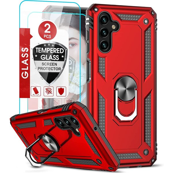 Ntech Hoesje Geschikt Voor Samsung Galaxy A13 5G / A04s Hoesje met Ring Houder – TPU backcover – Met 2x screenprotector gehard glas – Rood