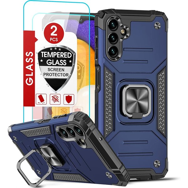 Ntech Hoesje Geschikt Voor Samsung Galaxy A13 5G / A04s Hoesje – Ring houder - Magnetisch Auto Mount – Met 2x screenprotector – gehard glas – Blauw