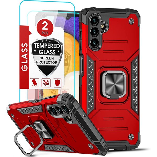 Ntech Hoesje Geschikt Voor Samsung Galaxy A13 5G / A04s Hoesje – Ring houder - Magnetisch Auto Mount – Met 2x screenprotector – gehard glas – Rood