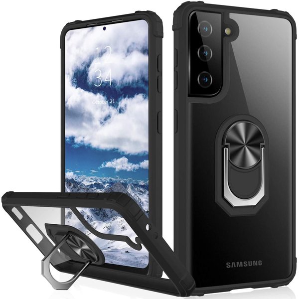 Ntech Hoesje Geschikt Voor Samsung Galaxy S21 hoesje - Premium Shock Proof hoesje transparant Zwart randen backcover case met kickstand - Hoesje Geschikt Voor Samsung Galaxy S21 hoesje met Ring houder / Ring vinger houder / standaard