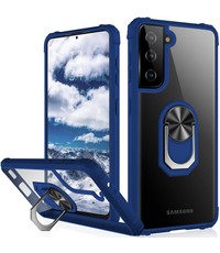 Ntech Samsung Galaxy S21 hoesje Premium Shock Proof transparant Blauw randen met kickstand