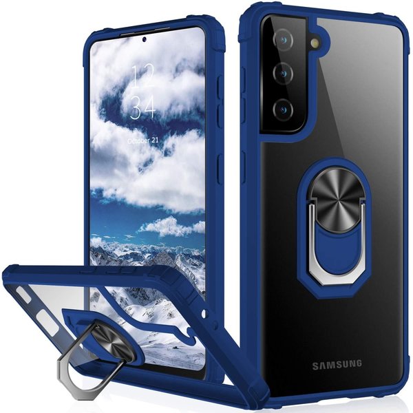 Ntech Hoesje Geschikt Voor Samsung Galaxy S21 hoesje - Premium Shock Proof hoesje transparant Blauw randen backcover case met kickstand - Hoesje Geschikt Voor Samsung Galaxy S21 hoesje met Ring houder / Ring vinger houder / standaard