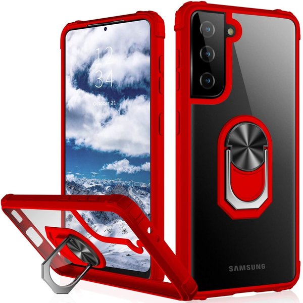 Ntech Hoesje Geschikt Voor Samsung Galaxy S21 hoesje - Premium Shock Proof hoesje transparant Rood randen backcover case met kickstand - Hoesje Geschikt Voor Samsung Galaxy S21 hoesje met Ring houder / Ring vinger houder / standaard