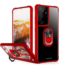 Ntech Samsung Galaxy S21 Ultra hoesje - Premium Shock Proof hoesje transparant Rood randen backcover case met kickstand