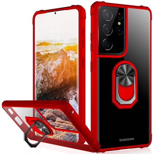 Ntech Hoesje Geschikt Voor Samsung Galaxy S21 Ultra hoesje - Premium Shock Proof hoesje transparant Rood randen backcover case met kickstand - Hoesje Geschikt Voor Samsung Galaxy S21 Ultra hoesje met Ring houder / Ring vinger houder / standaard