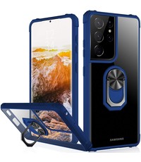 Ntech Samsung Galaxy S21 Ultra hoesje Premium Shock Proof transparant Blauw randen met kickstand