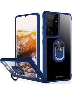 Ntech Samsung Galaxy S21 Ultra hoesje Premium Shock Proof transparant Blauw randen met kickstand