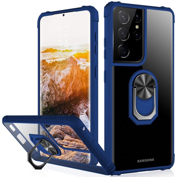 Ntech Hoesje Geschikt Voor Samsung Galaxy S21 Ultra hoesje - Premium Shock Proof hoesje transparant Blauw randen backcover case met kickstand - Hoesje Geschikt Voor Samsung Galaxy S21 Ultra hoesje met Ring houder / Ring vinger houder / standaard