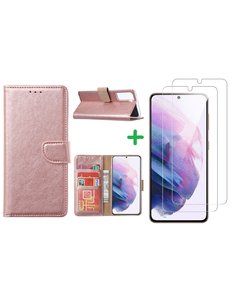 Ntech Samsung Galaxy S21 FE hoesje bookcase Rose Goud + 2X tempered glass