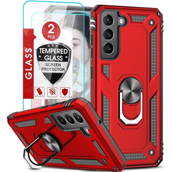 Ntech Hoesje Geschikt Voor Samsung Galaxy S21 FE Hoesje armor Met ring houder Rood - Hoesje Geschikt Voor Samsung Galaxy S21 FE hoes met Kickstand TPU backcover hoesje - Galaxy s21 FE screenprotector 2 pack