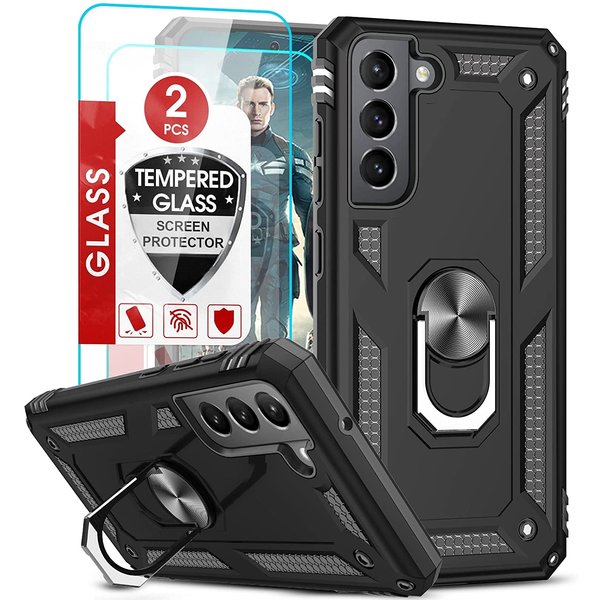 Ntech Hoesje Geschikt Voor Samsung Galaxy S21 FE Hoesje armor Met ring houder Zwart - Hoesje Geschikt Voor Samsung Galaxy S21 FE hoes met Kickstand TPU backcover hoesje - Galaxy s21 FE screenprotector 2 pack