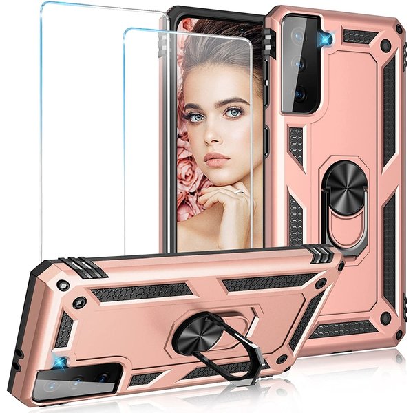 Ntech Hoesje Geschikt Voor Samsung Galaxy S21 FE Hoesje armor Met ring houder Rose Goud - Hoesje Geschikt Voor Samsung Galaxy S21 FE hoes met Kickstand TPU backcover hoesje - Galaxy s21 screenprotector 2 pack