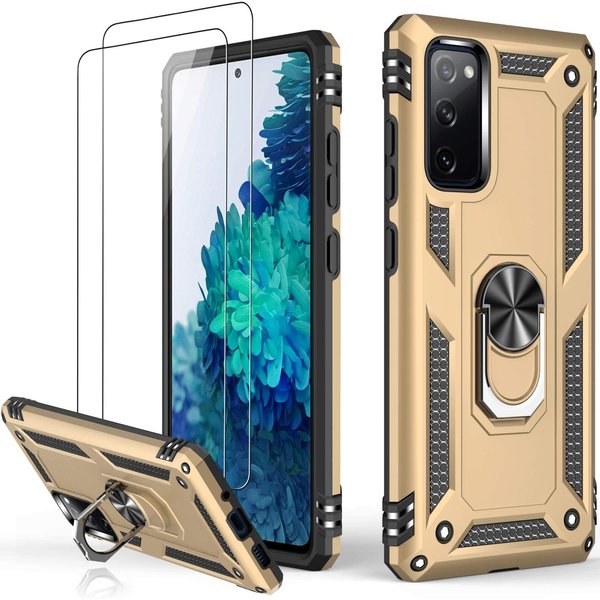 Ntech Hoesje Geschikt Voor Samsung Galaxy S21 FE Hoesje armor Met ring houder Goud - Hoesje Geschikt Voor Samsung Galaxy S21 FE hoes met Kickstand TPU backcover hoesje - Galaxy s21 FE screenprotector 2 pack