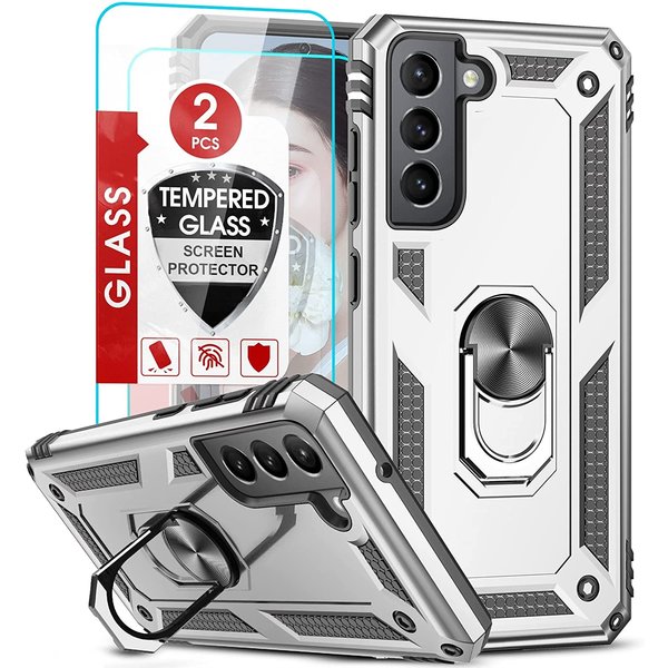 Ntech Hoesje Geschikt Voor Samsung Galaxy S21 FE Hoesje armor Met ring houder Zilver - Hoesje Geschikt Voor Samsung Galaxy S21 FE hoes met Kickstand TPU backcover hoesje - Galaxy s21 FE screenprotector 2 pack