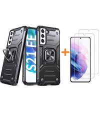 Ntech Samsung Galaxy S21 FE Hoesje armor Met ring houder Zwart Plus screenprotector 2 pack