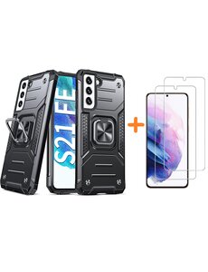 Ntech Samsung Galaxy S21 FE Hoesje armor Met ring houder Zwart Plus screenprotector 2 pack